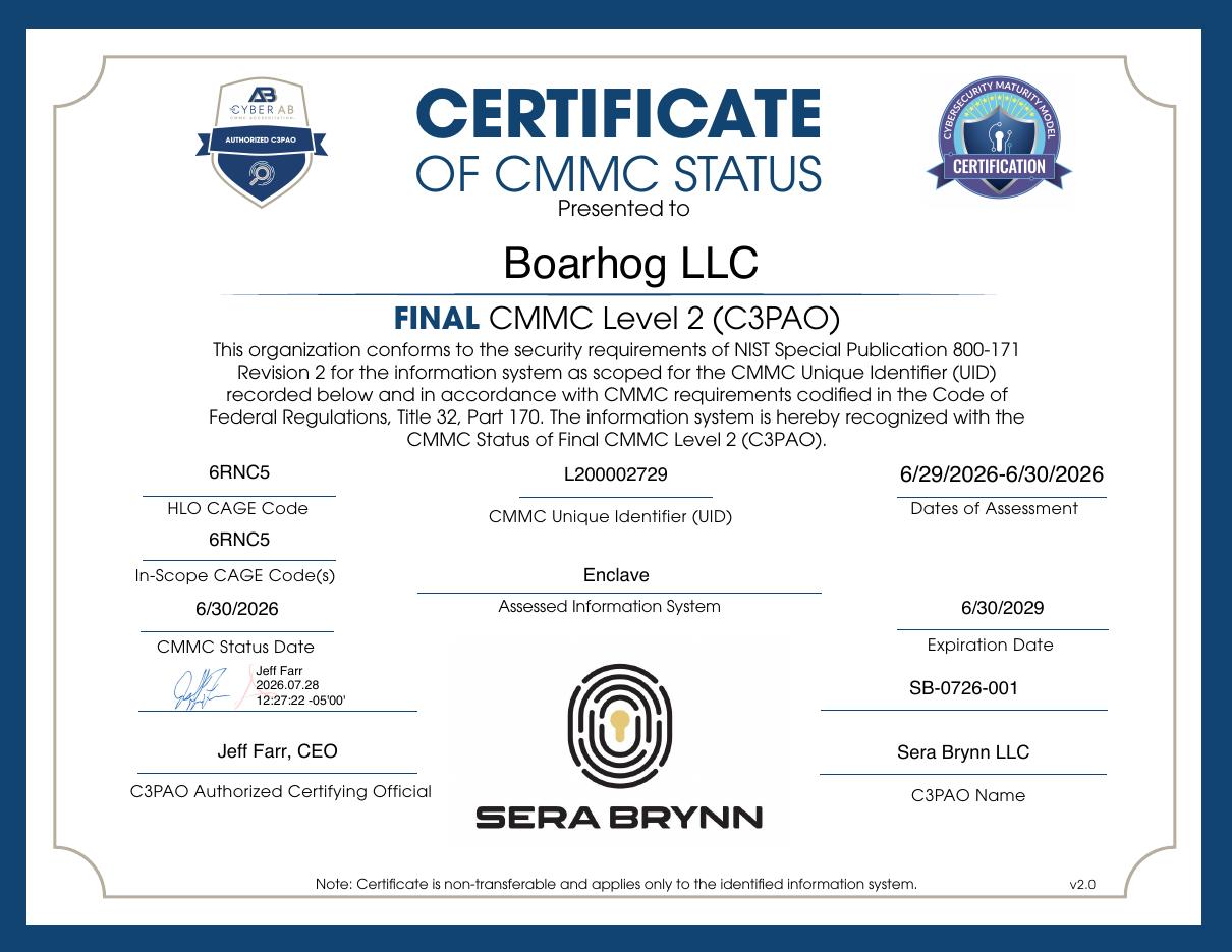 Certificate of CMMC Status, Final CMMC Level 2 C3PAO, issued to Boarhog LLC